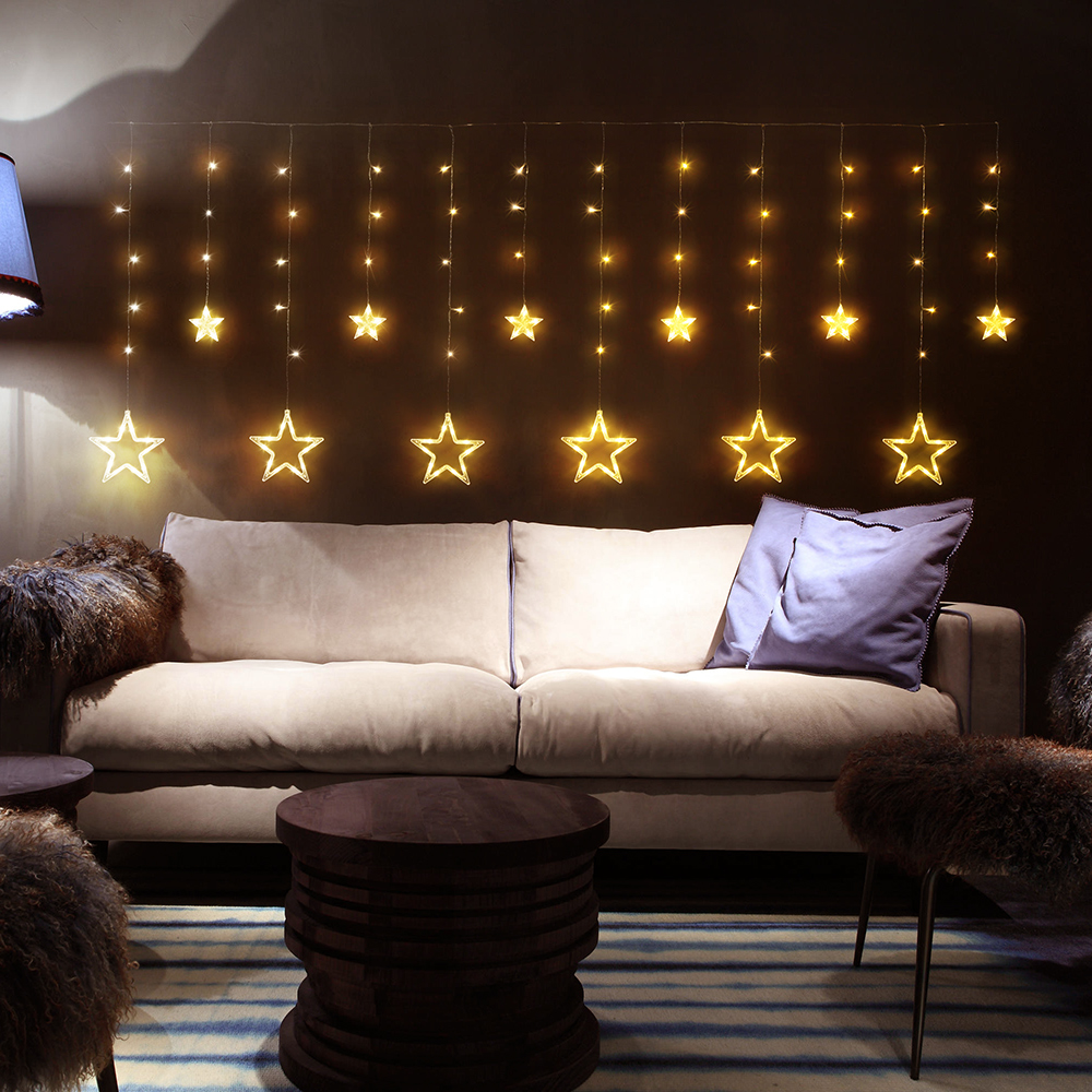 Электрогирлянда VEGAS Бахрома со зездочками , LED 138 ламп, 12 нитей, тепл. свет, 8 режимов,  55134