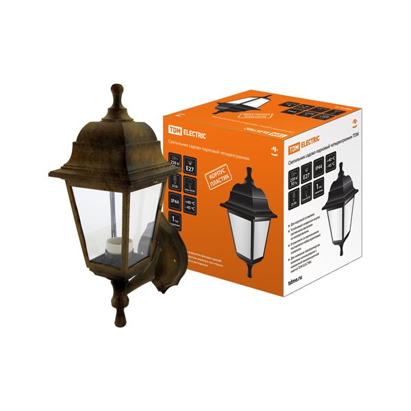 Светильник садово-парковый НБУ 60Вт Е27, IP44, четырехгран. настен. пластик, бронза 04-60-001