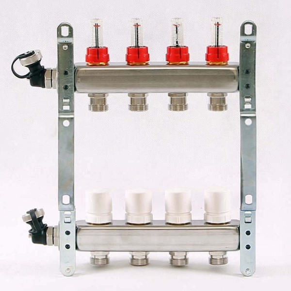 Коллекторная группа 1", 4-выхода 3/4"ЕК с расходомерами, нерж.сталь