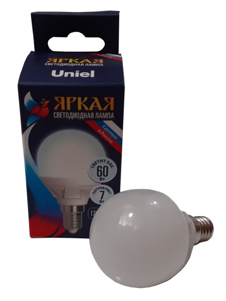 Лампа светодиодная LED-шар  7Вт 220В Е14 4000K 600Лм Uniel Россия 