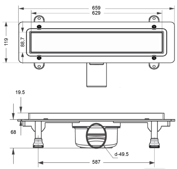 Трап душевой LORANTO PRIME SKALA, 60см бок. сток D-50, нерж. сталь под плитку, сух.гидрозатвор (8640) 