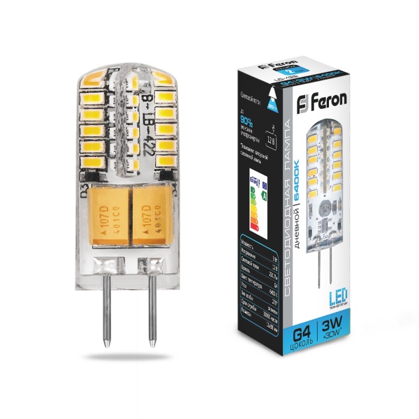 Лампа светодиодная LED  3Вт 12В G4 6400К капсульная Feron