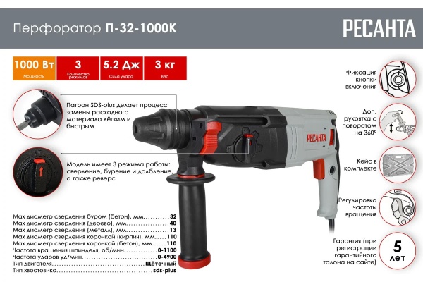 Перфоратор SDS-plus П-32-1000К, 1000Вт, 3 режима, 5,2Дж, кейс Ресанта