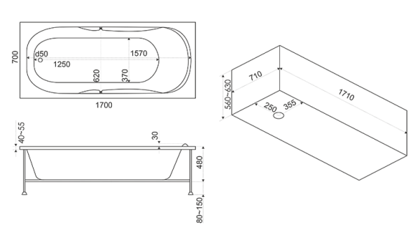 Ванна акрил 1,7x0,7 "Нептун" на каркасе BAS (РОССИЯ)