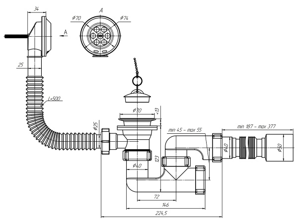 Сифон обвязка д/ванны 1 1/2 Е255 АНИ с гофрой 40*50 регулируемый